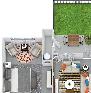 Rainey with Fenced-in Yard Rainey with Fenced-in Yard 3D 2 bedroom apartment. Kitchen with bartop open to living & dining rooms. Coffee bar in kitchen. 2 full bathrooms, double vanity in master. Walk-in closet in both bedrooms.